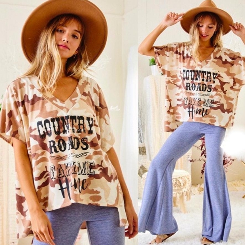 Camo Hi Lo V Neck Screen Print Top NEW - Picture 6 of 8